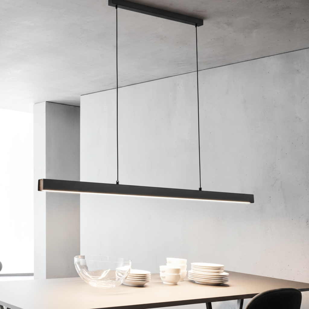 Lustre LED design noir, suspension linéaire allumée au-dessus d une table de salle à manger