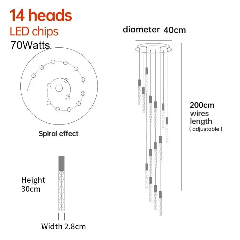 14 TÊTES(Spiral) / NOIR Lustre moderne pour plafond haut