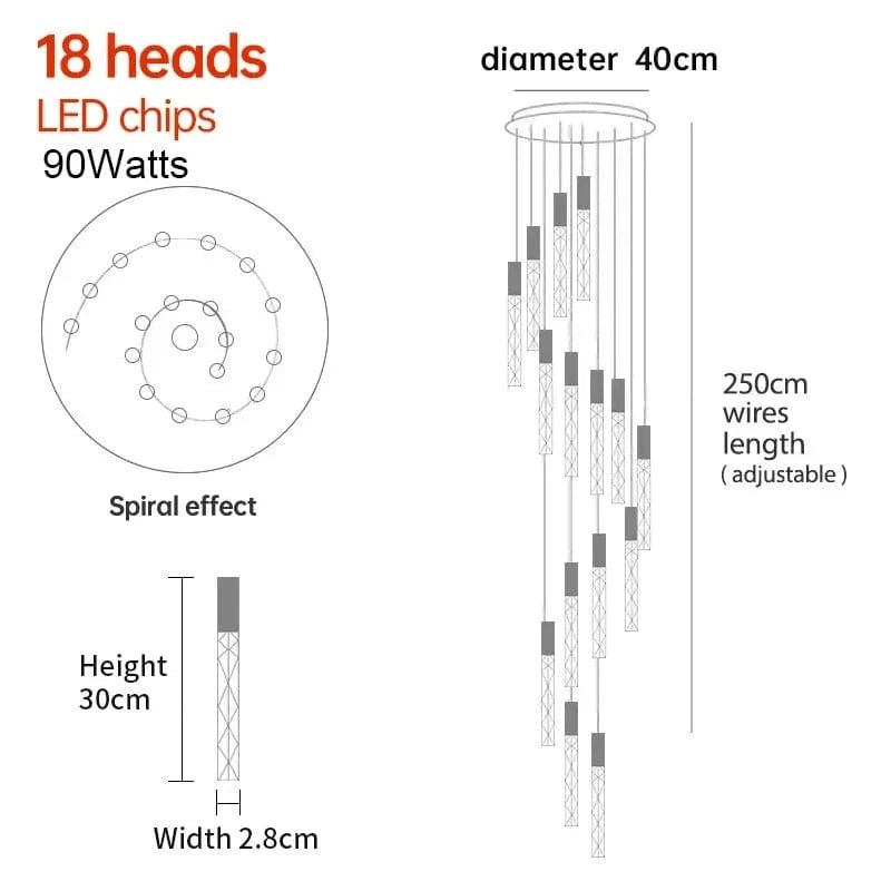 18 TÊTES(Spiral) / CHROME Lustre moderne pour plafond haut