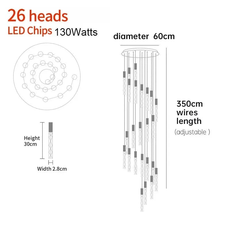 26 TÊTES (Spiral) / OR Lustre moderne pour plafond haut