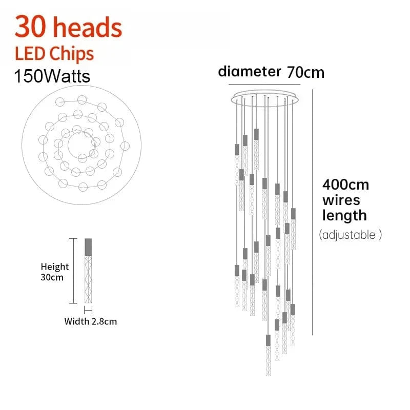 30 TÊTES(Spiral) / OR Lustre moderne pour plafond haut