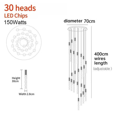 30 TÊTES(Spiral) / OR Lustre moderne pour plafond haut