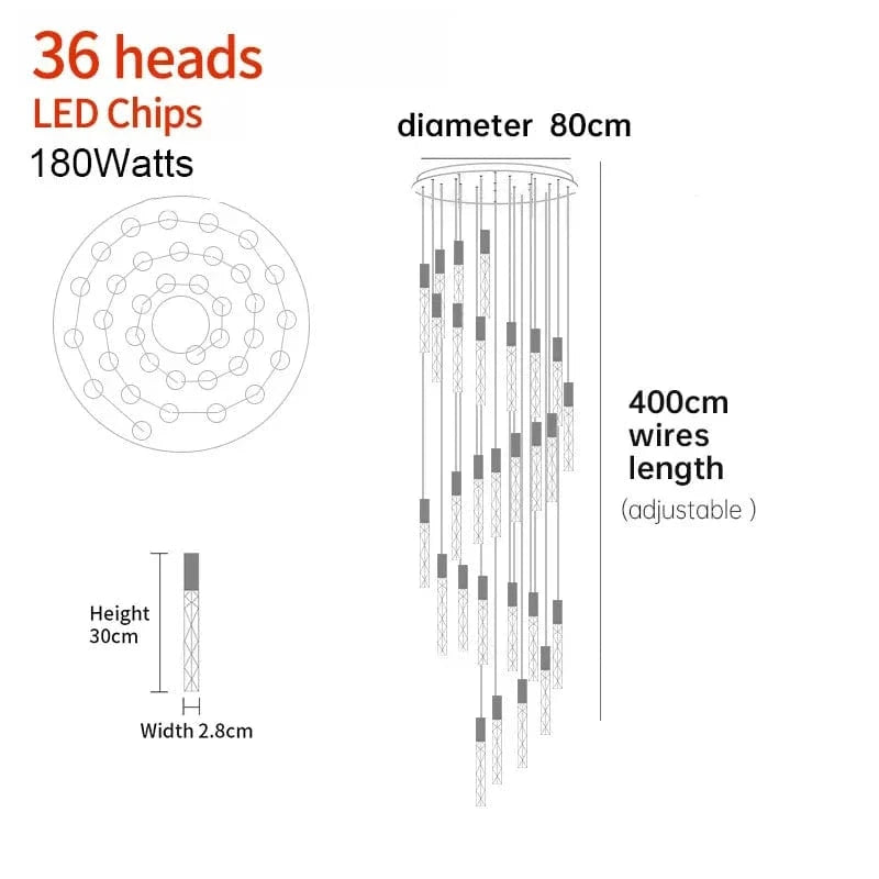 36 TÊTES (Spiral) / NOIR Lustre moderne pour plafond haut