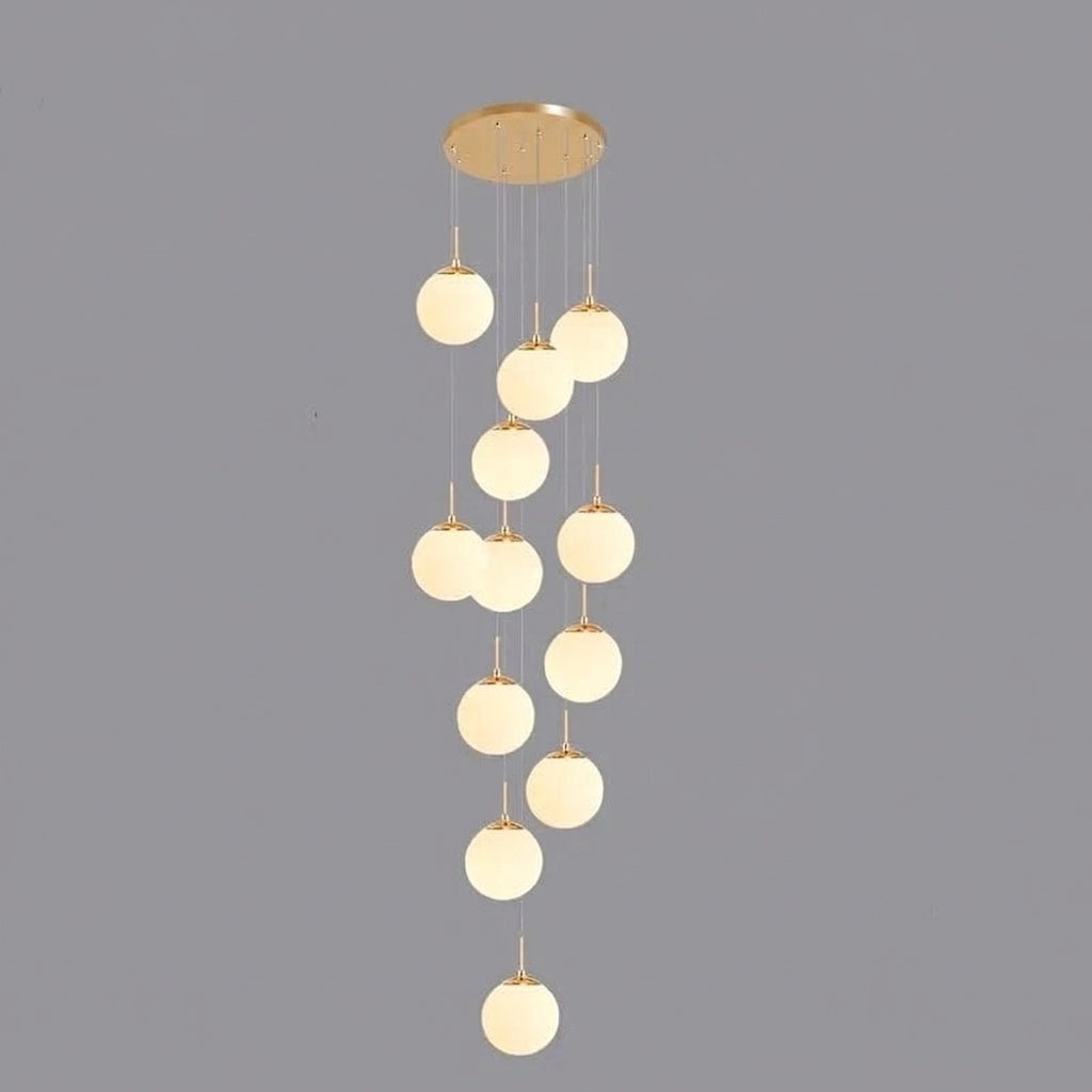 Lustre plafond haut boule opaline en cascade gold 12 / LUMIÈRE CHAUDE