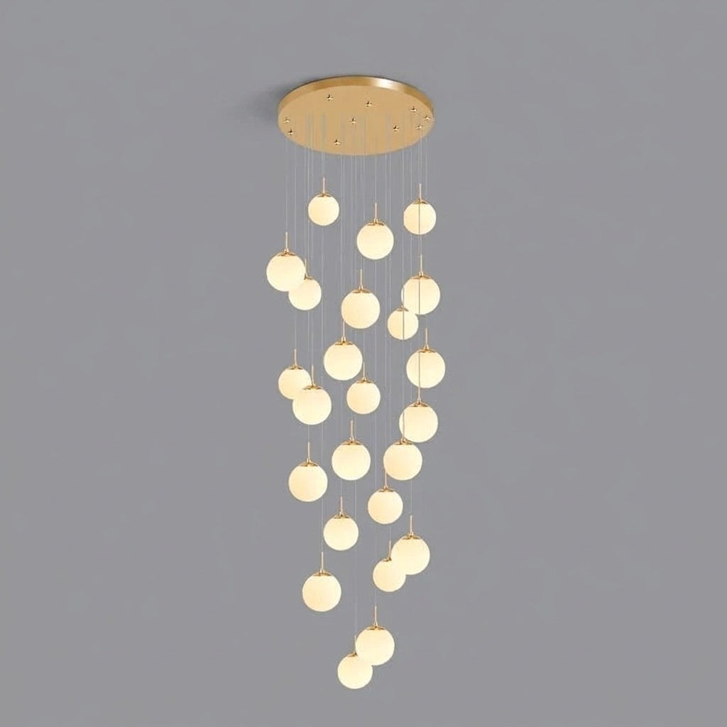 Lustre plafond haut boule opaline en cascade gold 24 / LUMIÈRE CHAUDE