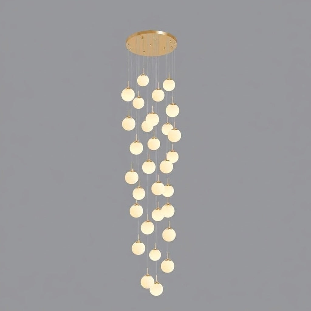 Lustre plafond haut boule opaline en cascade gold 48 / LUMIÈRE CHAUDE