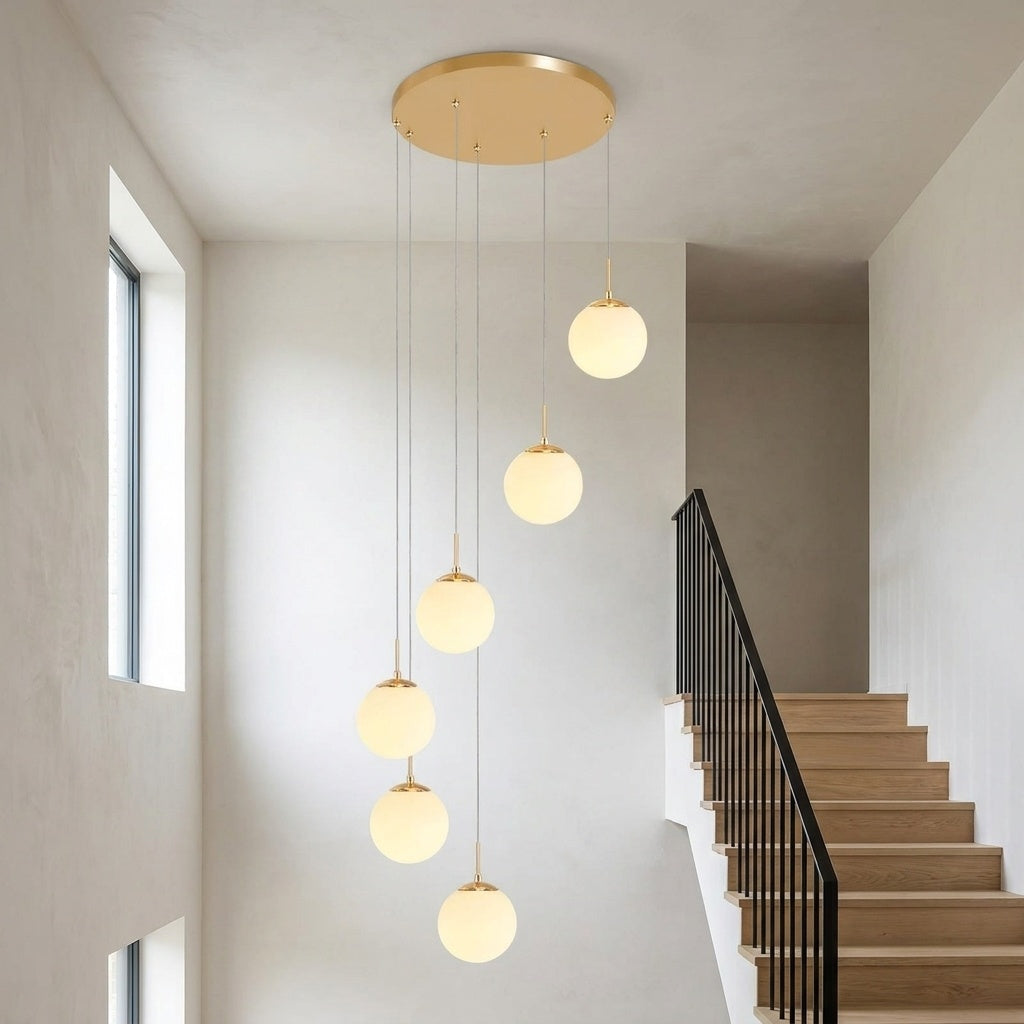 Lustre plafond haut boule opaline en cascade gold 6 / LUMIÈRE CHAUDE
