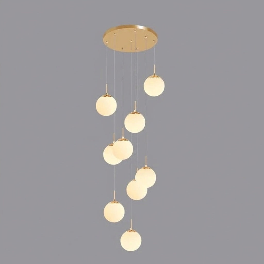 Lustre plafond haut boule opaline en cascade gold 9 / LUMIÈRE CHAUDE