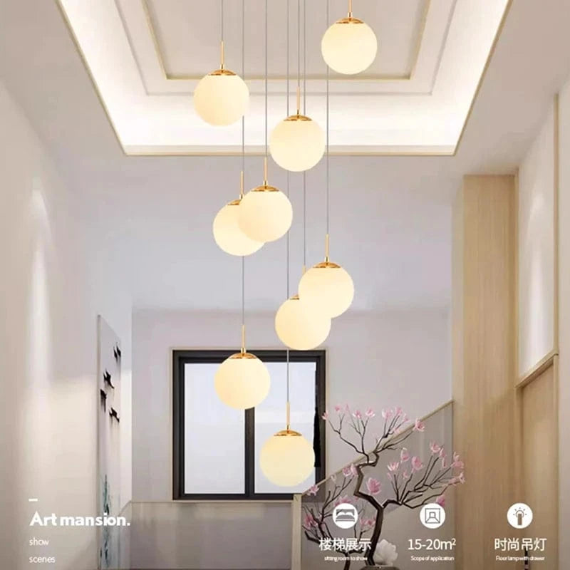 Lustre plafond haut boule opaline en cascade