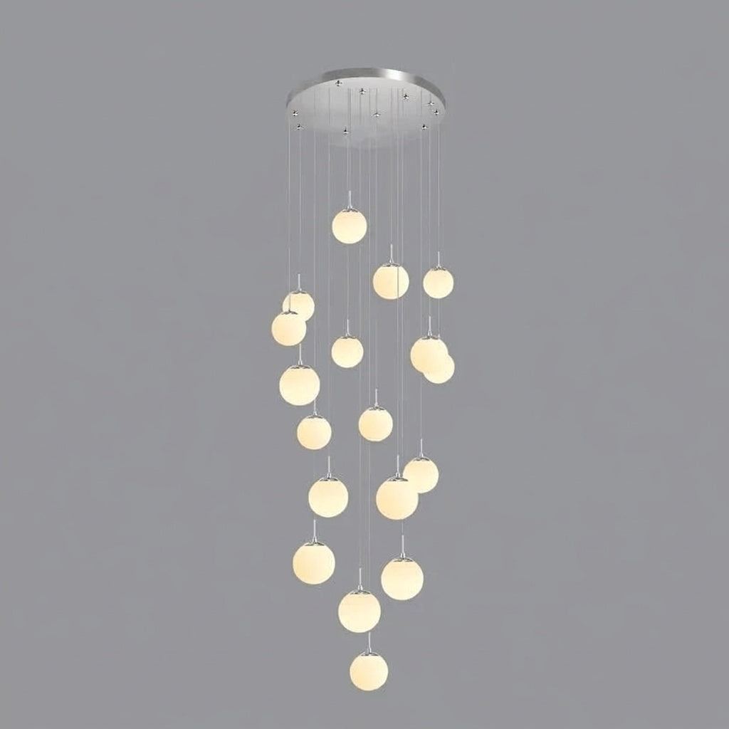 Lustre plafond haut boule opaline en cascade silver 18 / LUMIÈRE CHAUDE