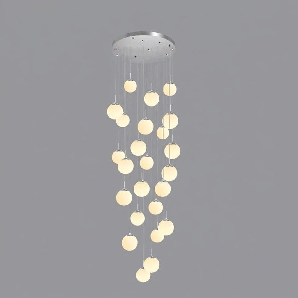 Lustre plafond haut boule opaline en cascade silver 24 / LUMIÈRE CHAUDE