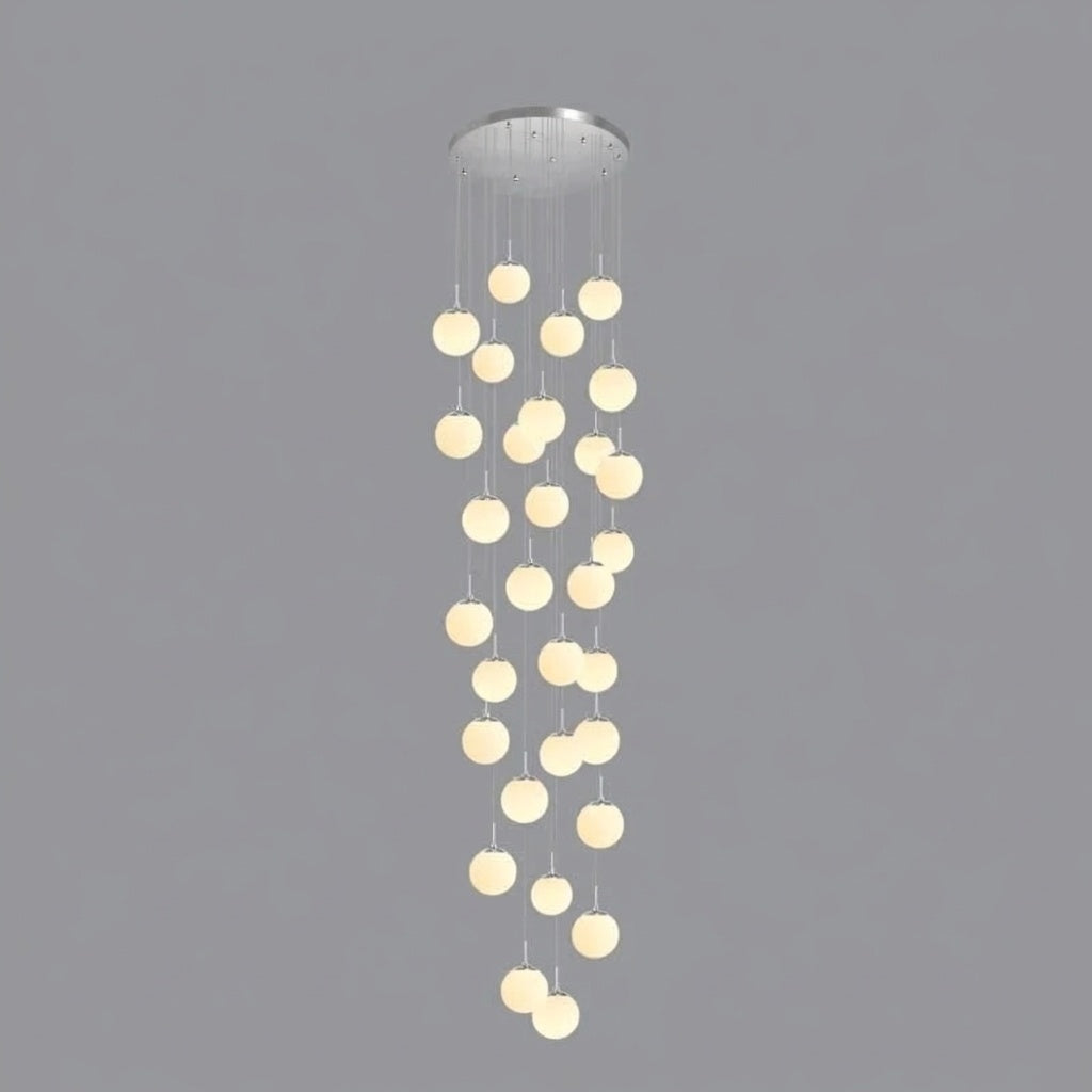 Lustre plafond haut boule opaline en cascade silver 30 / LUMIÈRE CHAUDE
