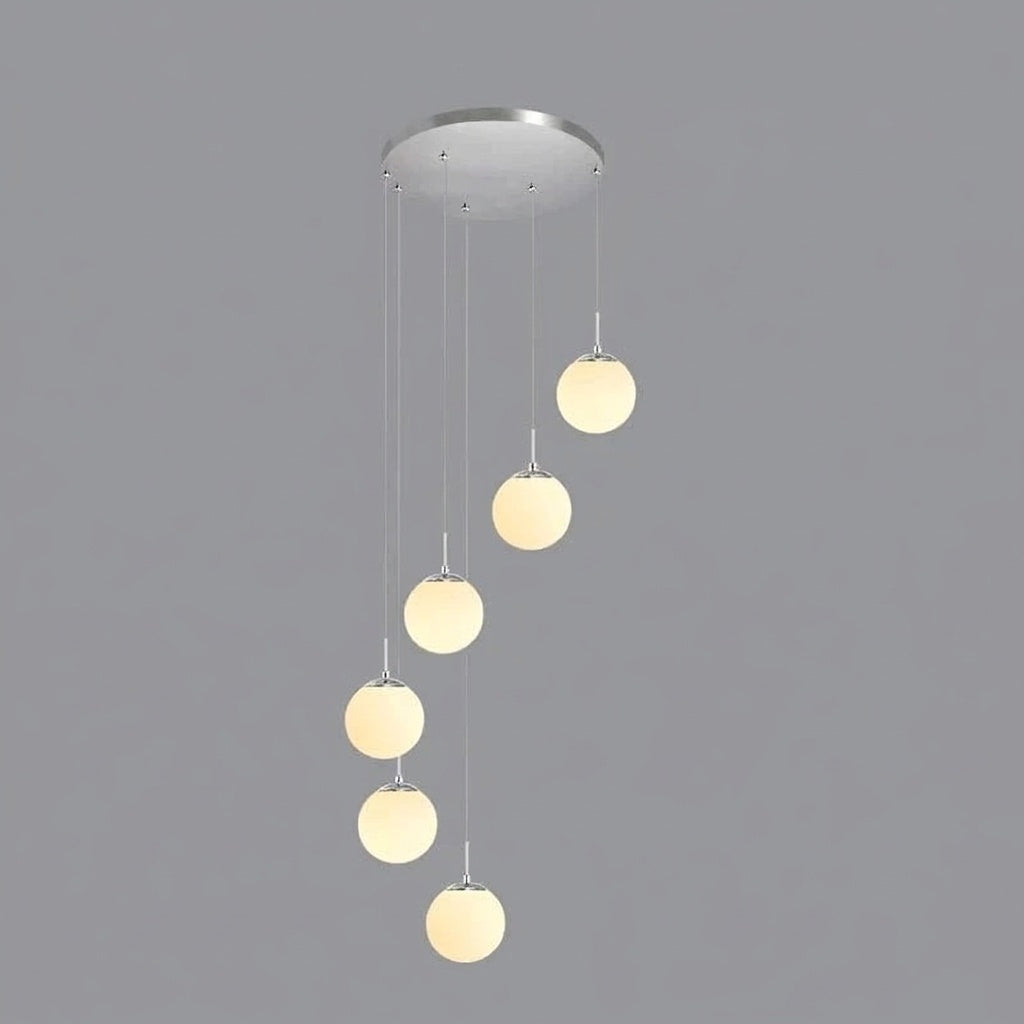 Lustre plafond haut boule opaline en cascade silver 6 / LUMIÈRE CHAUDE