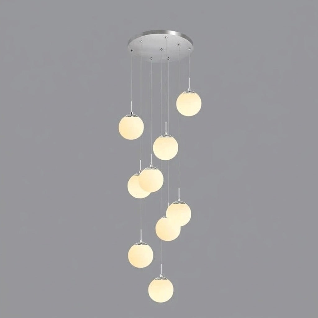 Lustre plafond haut boule opaline en cascade silver 9 / LUMIÈRE CHAUDE