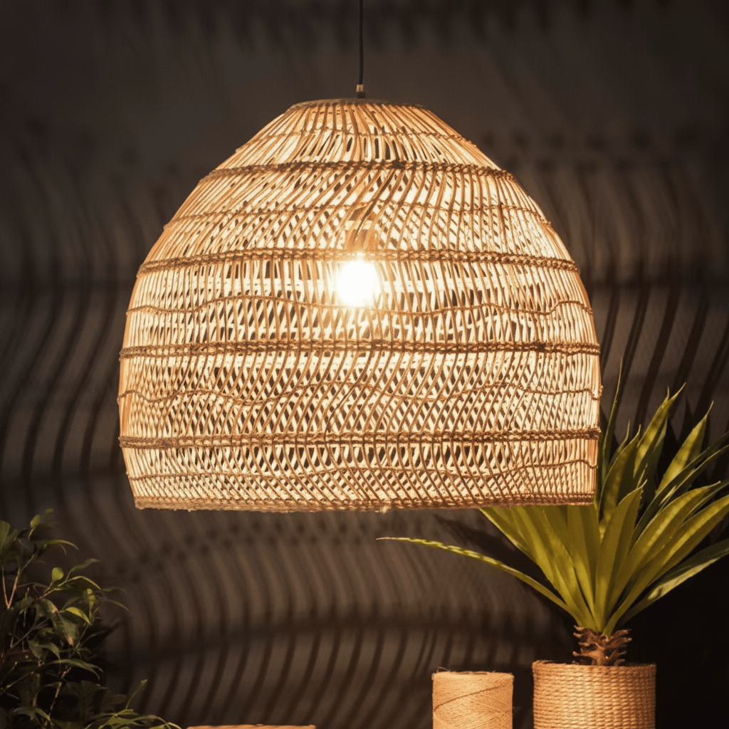 BEIGE, Diamètre 35 CM, Hauteur 35 CM Lustre rotin tressé