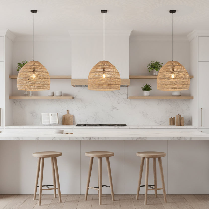 Lustre en rotin tressé beige suspendu au-dessus d une table en bois, ambiance naturelle
