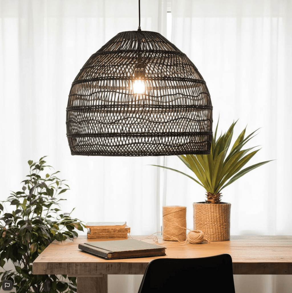 NOIR, Diamètre 35 CM, Hauteur 35 CM Lustre rotin tressé