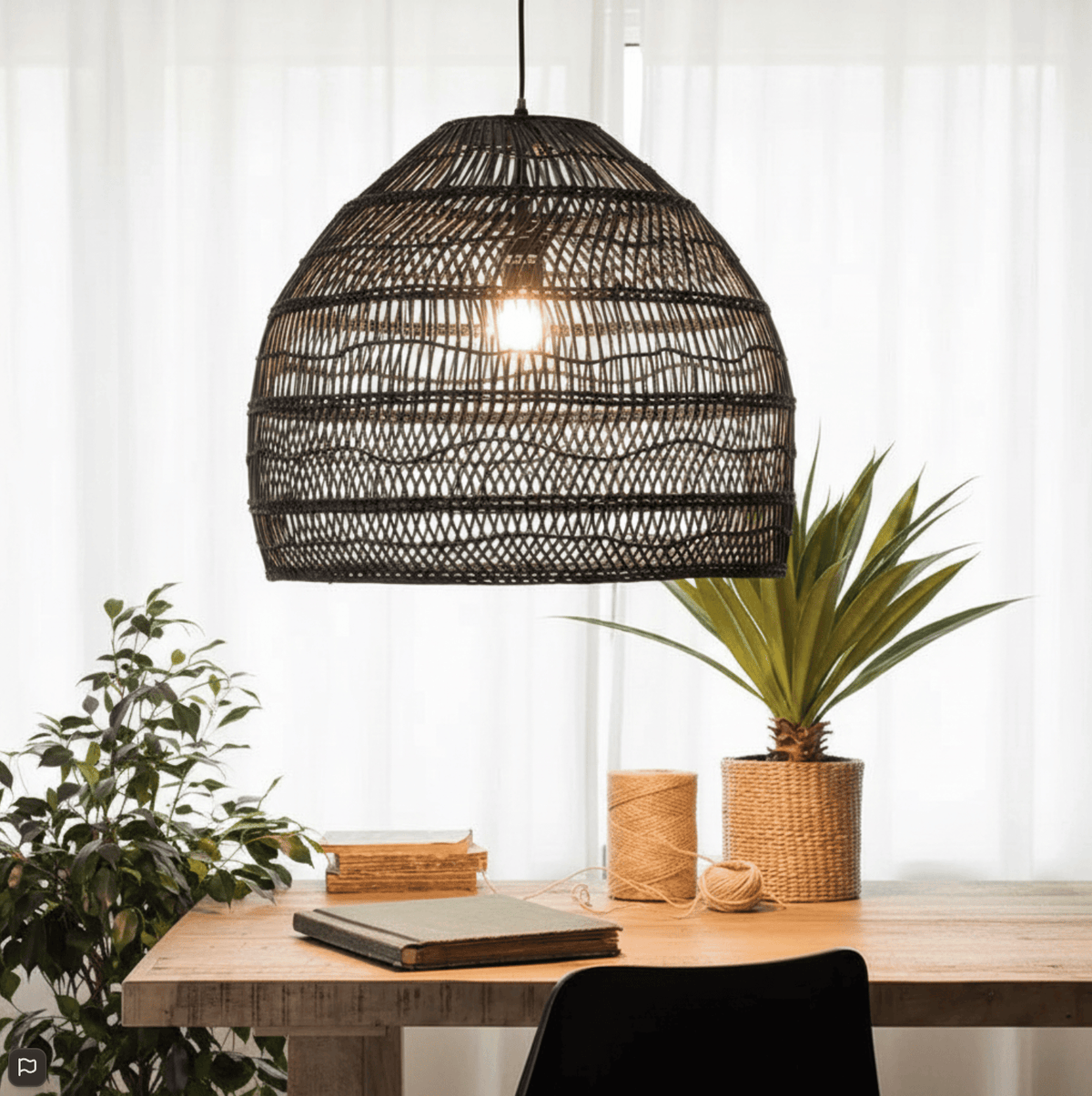 NOIR, Diamètre 35 CM, Hauteur 35 CM Lustre rotin tressé