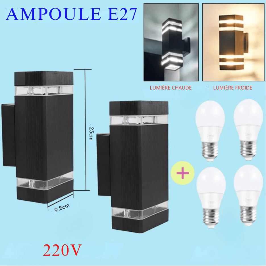 MODÈLE 1: 2 PIÈCES AMPOULES INCLUSES / LUMIÈRE CHAUD (2700-3500K) Applique murale extérieure étanche
