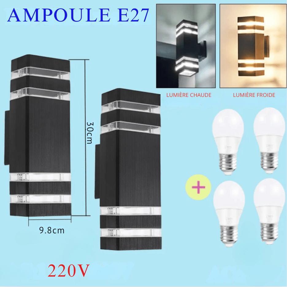 MODÈLE 2: 2 PIÈCES AMPOULES INCLUSES / LUMIÈRE CHAUD (2700-3500K) Applique murale extérieure étanche
