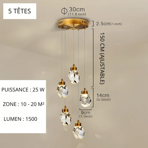 OR 5 TÊTES / LUMIÈRE CHAUDE Suspension lustre cristal