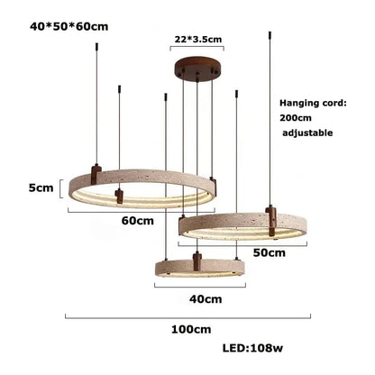 40 50 60cm 3 ring / White light 6000K Suspension anneaux en pierre de travertin