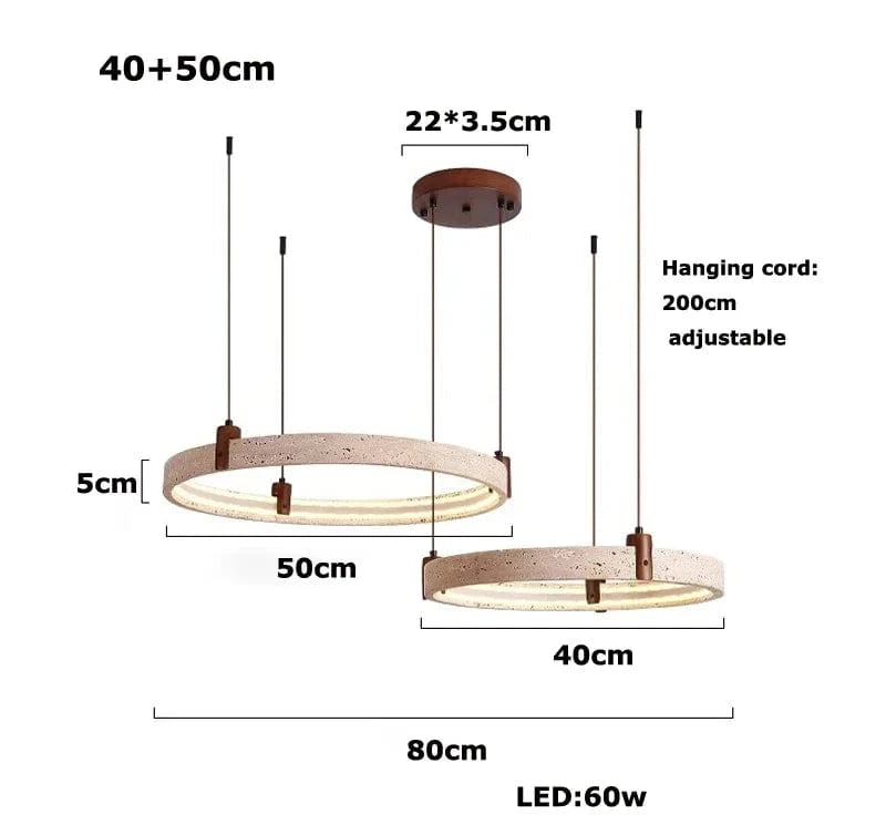 40 50cm 2 ring / Warm light 3000K Suspension anneaux en pierre de travertin