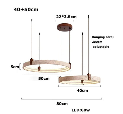 40 50cm 2 ring / Warm light 3000K Suspension anneaux en pierre de travertin