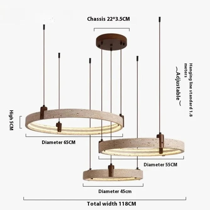 45 55 65cm 3 ring / White light 6000K Suspension anneaux en pierre de travertin
