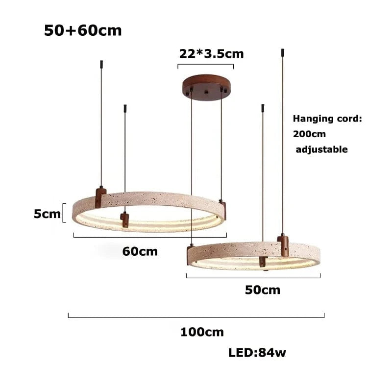 50 60cm 2 ring / White light 6000K Suspension anneaux en pierre de travertin