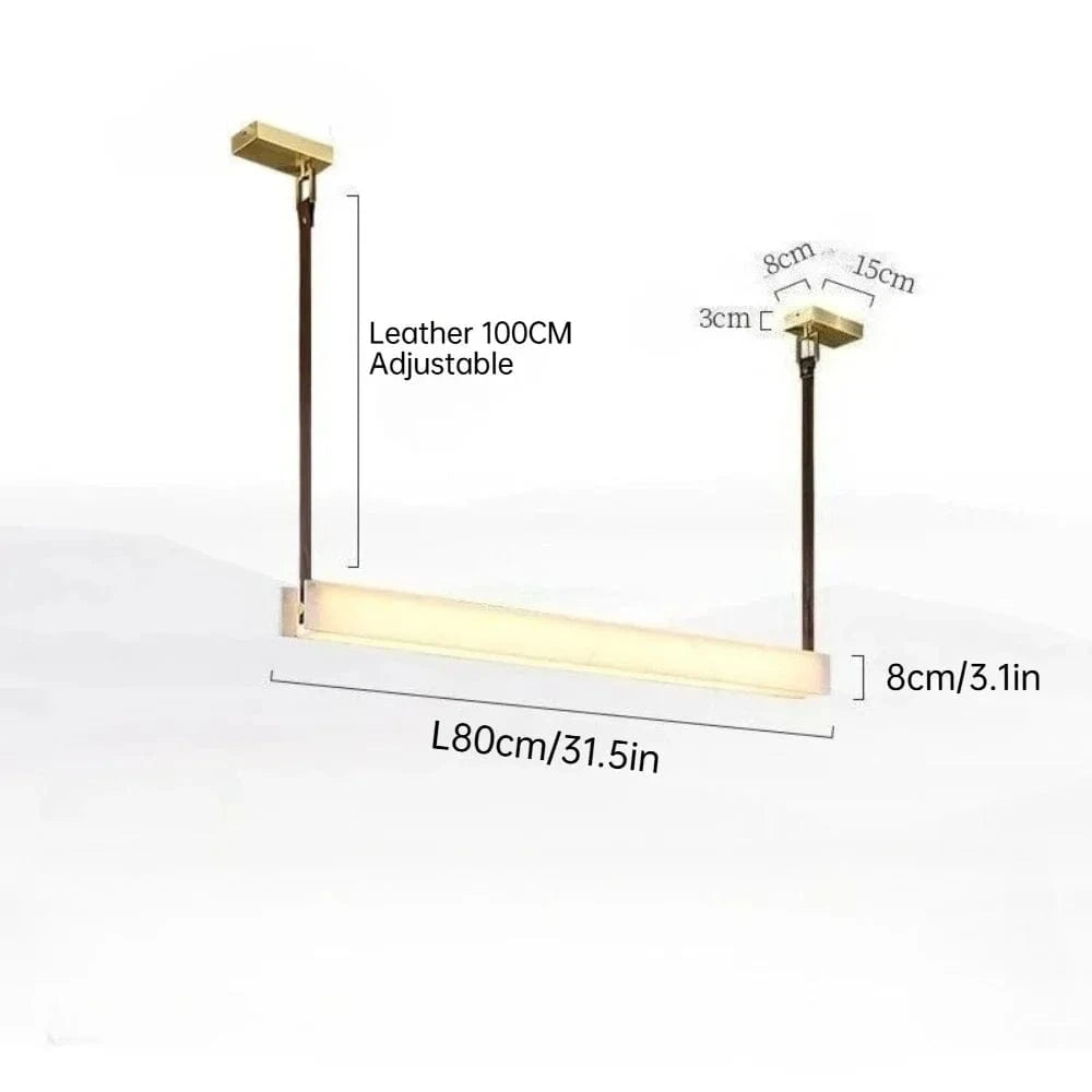 L80CM / Warm Light Suspension barre led en marbre espagnol et lanière en cuir