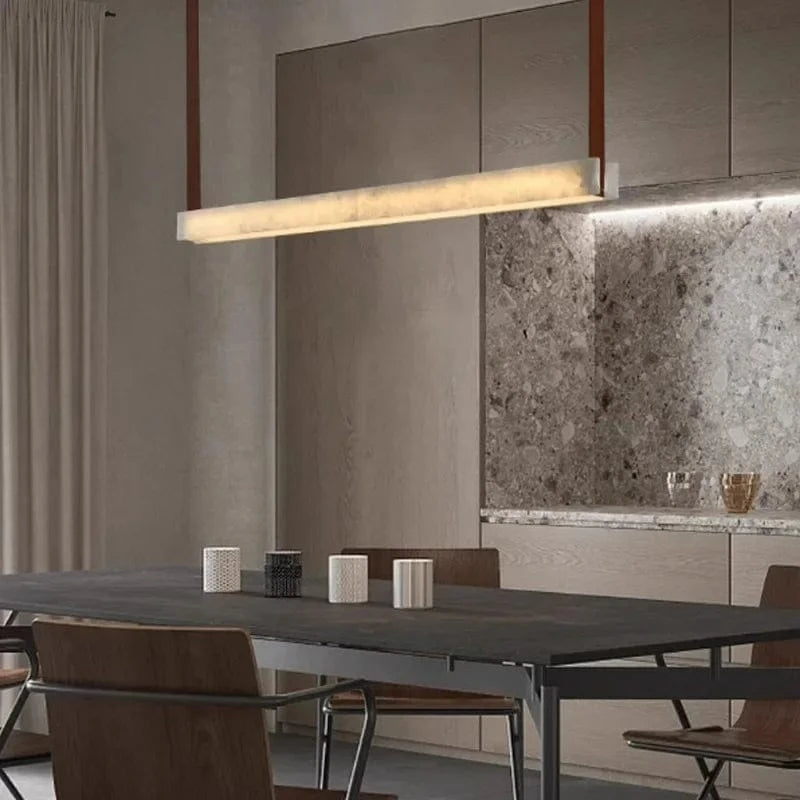 Suspension barre led en marbre espagnol et lanière en cuir