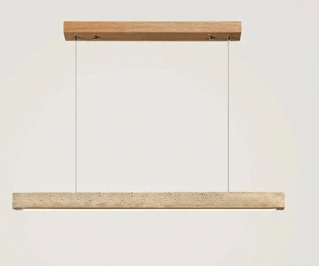 Suspension barre led en pierre de travertin base bois A-80CM