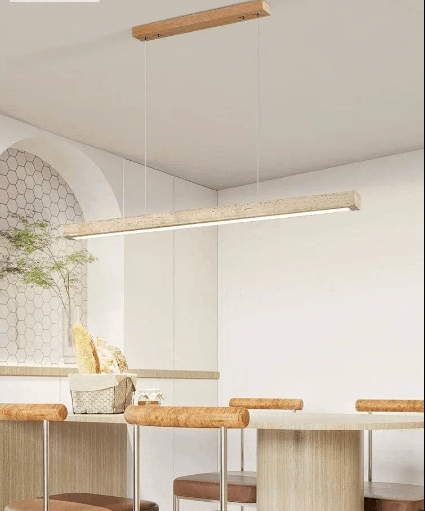 Suspension barre led en pierre de travertin base bois