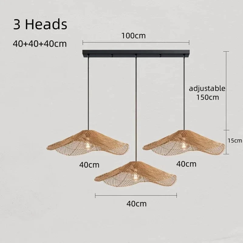 3 heads-long strip40 / Warm light 3000k Suspension en rotin | Paillage