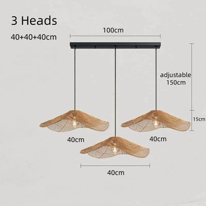 3 heads-long strip40 / Warm light 3000k Suspension en rotin | Paillage