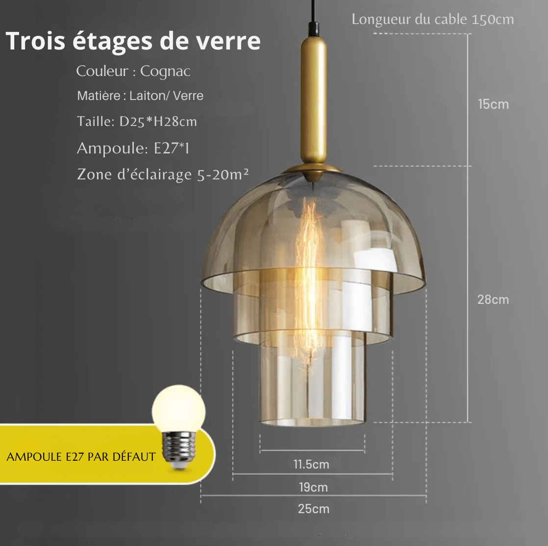 TRIPLE Suspension en verre fumé