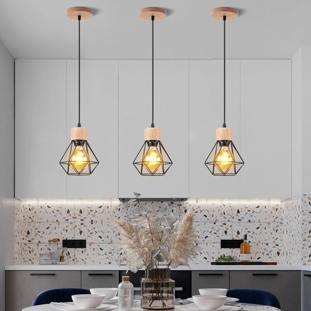 Suspension multiple en bois et métal noir