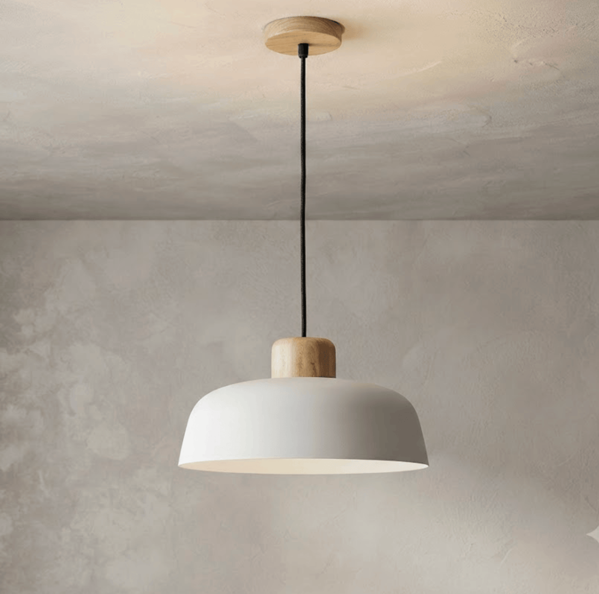 BLANC, Diamètre 30 CM, Hauteur 14 CM, Câble réglable max 100 CM Suspension scandinave avec tête en bois et corps métallique