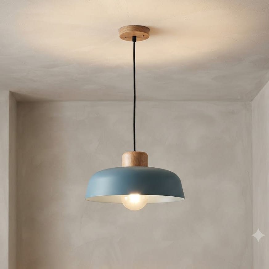 BLEU, Diamètre 30 CM, Hauteur 14 CM, Câble réglable max 100 CM Suspension scandinave avec tête en bois et corps métallique