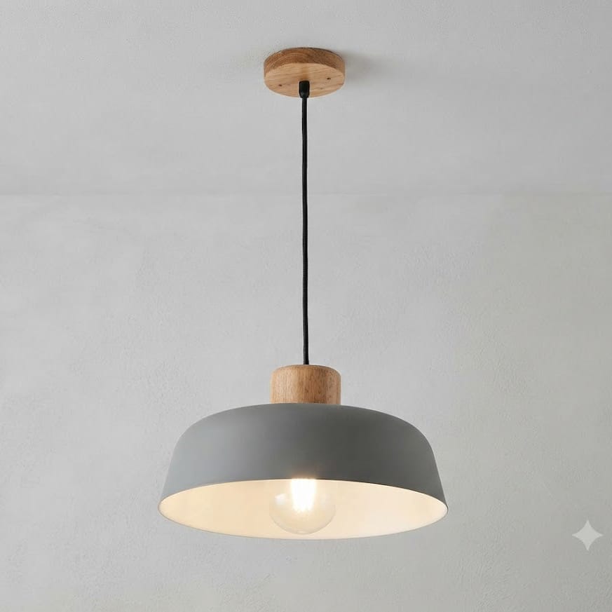 GRIS, Diamètre 30 CM, Hauteur 14 CM, Câble réglable max 100 CM Suspension scandinave avec tête en bois et corps métallique