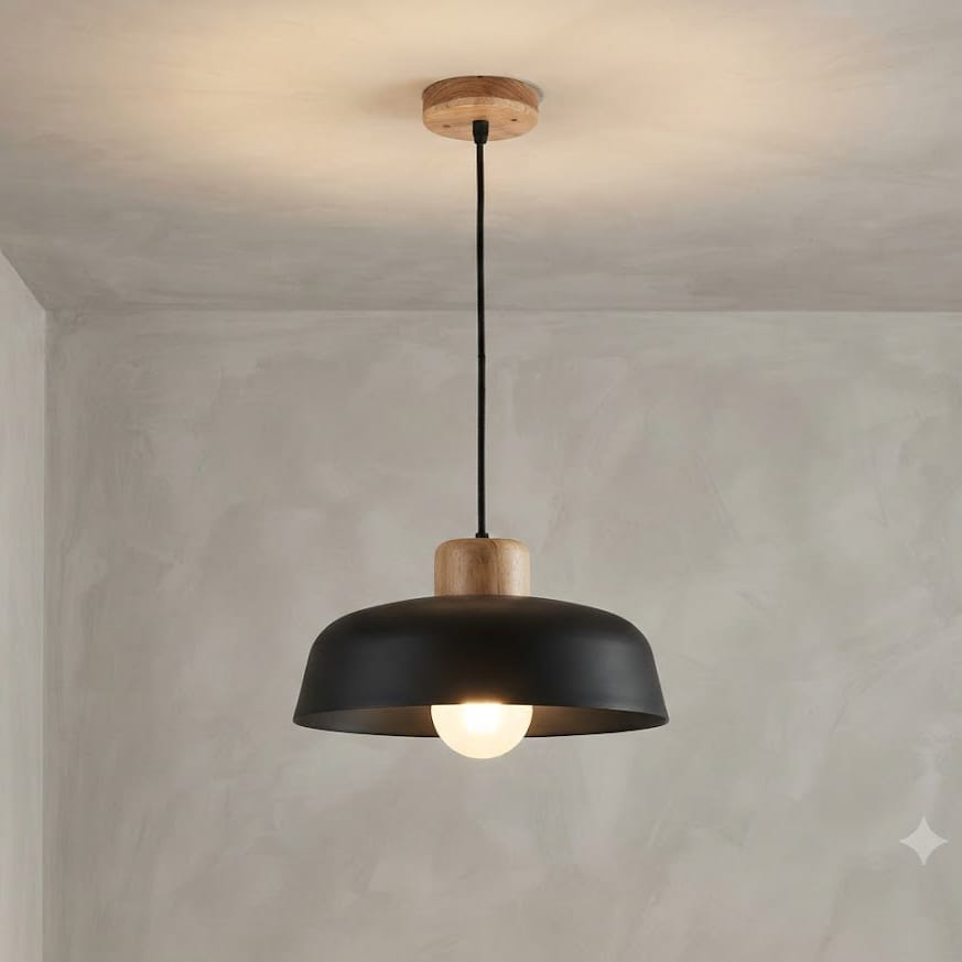 NOIR, Diamètre 30 CM, Hauteur 14 CM, Câble réglable max 100 CM Suspension scandinave avec tête en bois et corps métallique