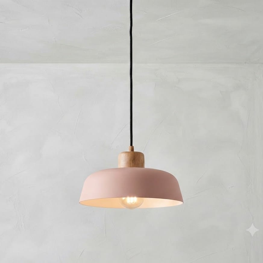 ROSE, Diamètre 30 CM, Hauteur 14 CM, Câble réglable max 100 CM Suspension scandinave avec tête en bois et corps métallique