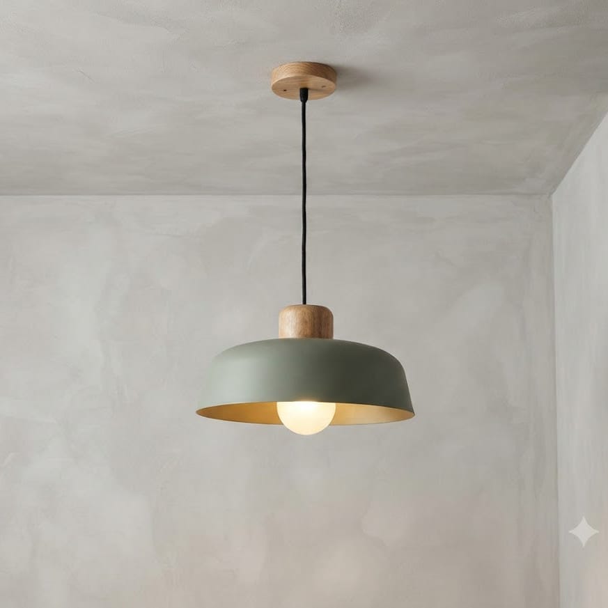 VERT, Diamètre 30 CM, Hauteur 14 CM, Câble réglable max 100 CM Suspension scandinave avec tête en bois et corps métallique